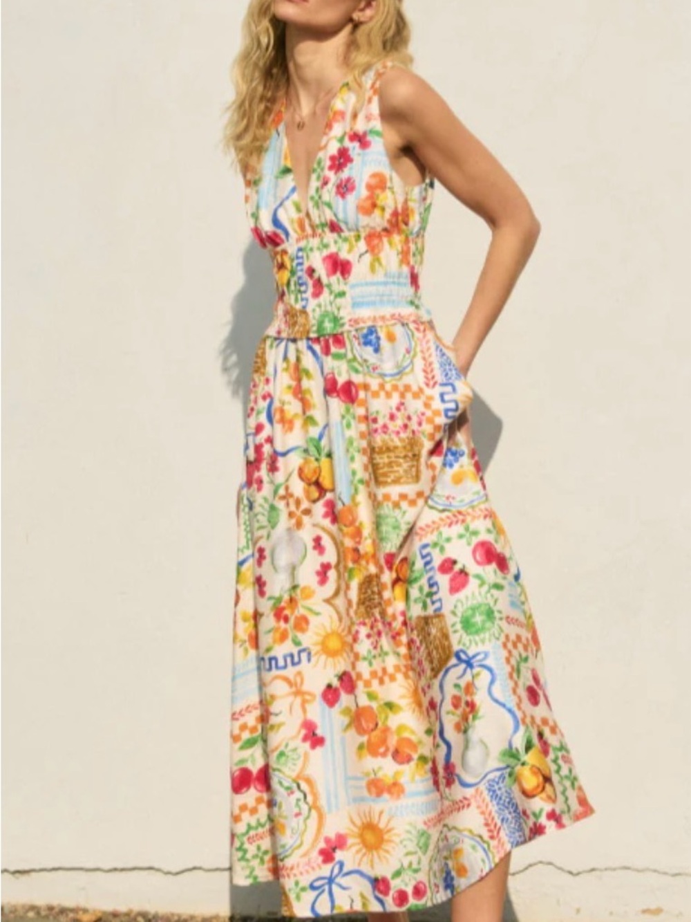 Dress Forum Multicolor Floral & Fruit Print Midi Dress NWOT